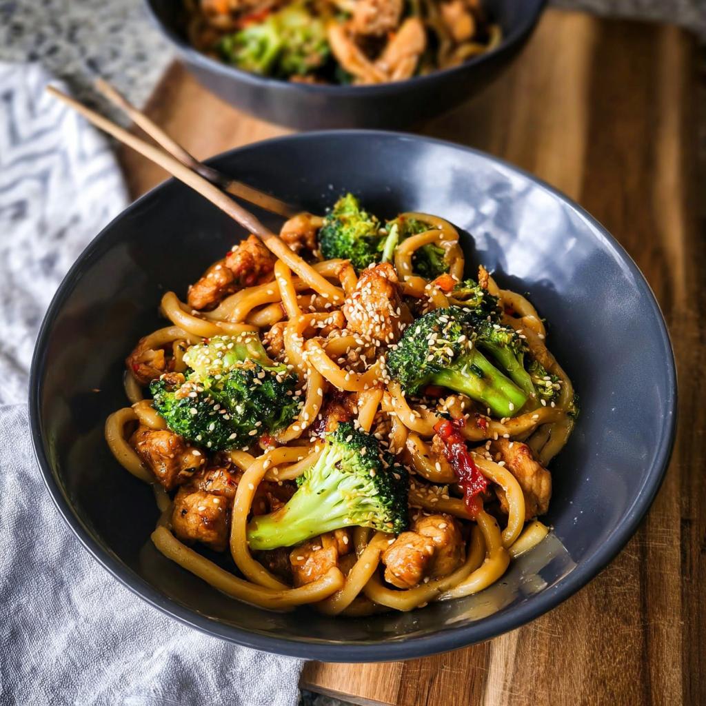 A close-up of a bowl of Spicy Garlic Chicken and Broccoli Noodle Bowls, topped with sesame seeds and served with chopsticks.