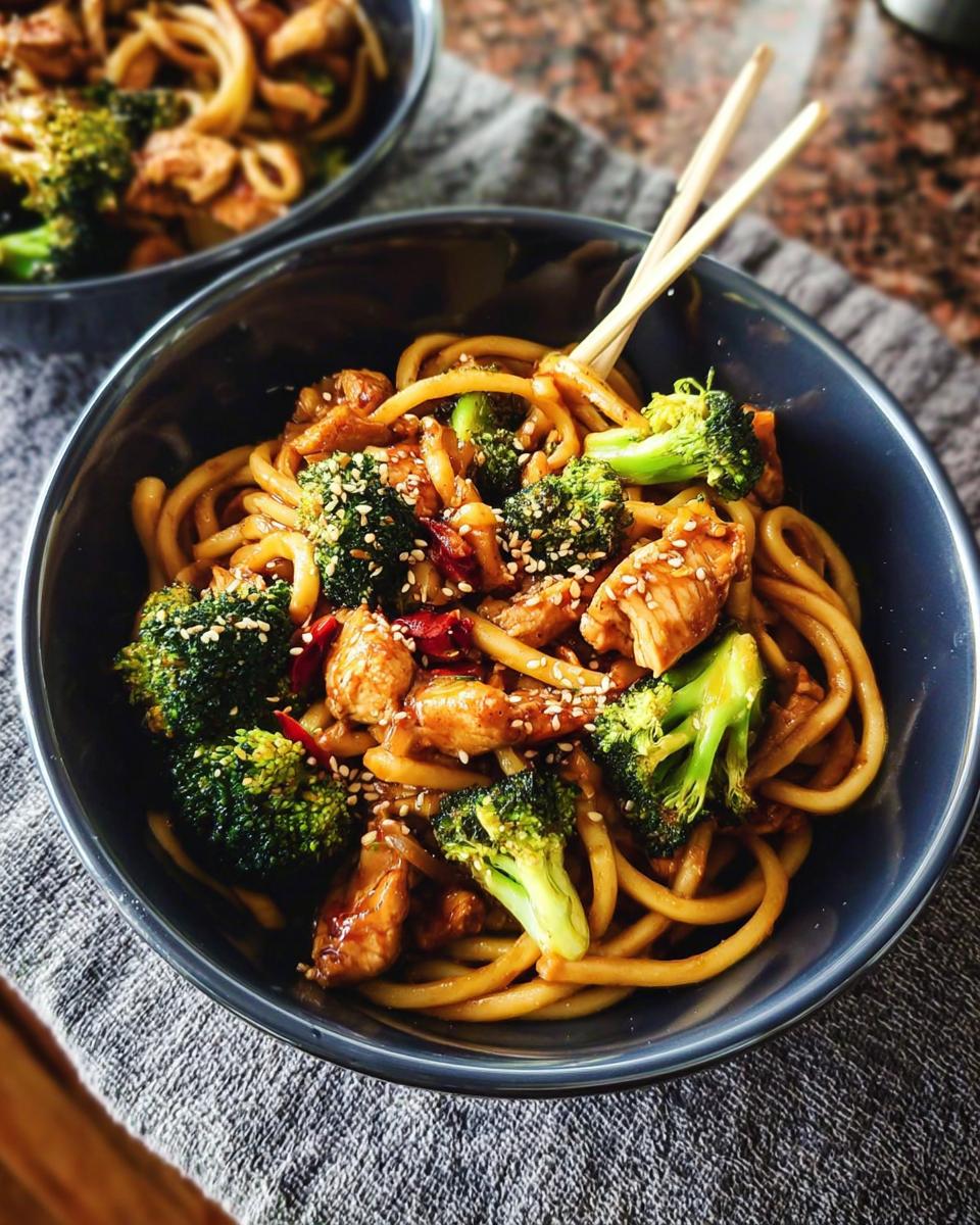 A close-up of a bowl of Spicy Garlic Chicken and Broccoli Noodle Bowls, featuring udon noodles, chicken pieces, and broccoli florets.