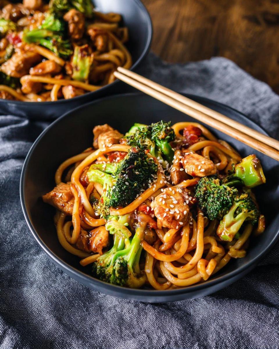 A close-up of a bowl of Spicy Garlic Chicken and Broccoli Noodle Bowls, topped with sesame seeds and chopsticks resting on the side.