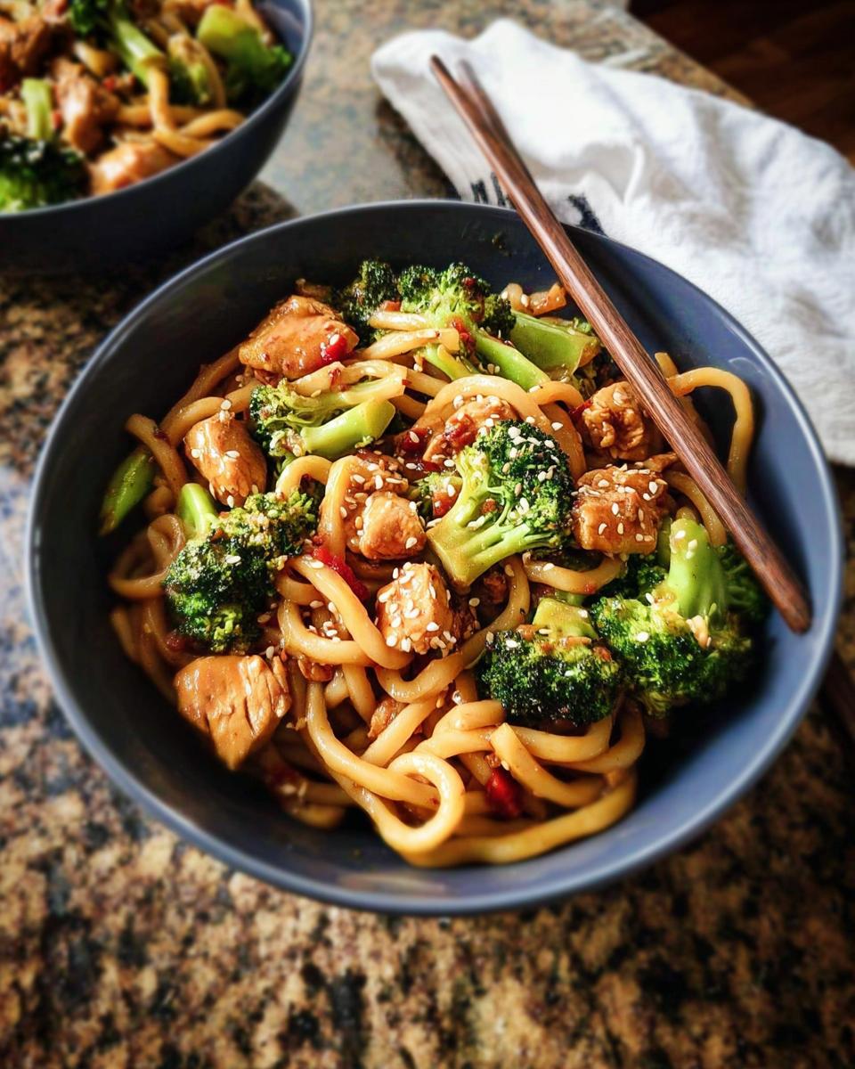 A close-up of a bowl filled with Spicy Garlic Chicken and Broccoli Noodle Bowls, garnished with sesame seeds.