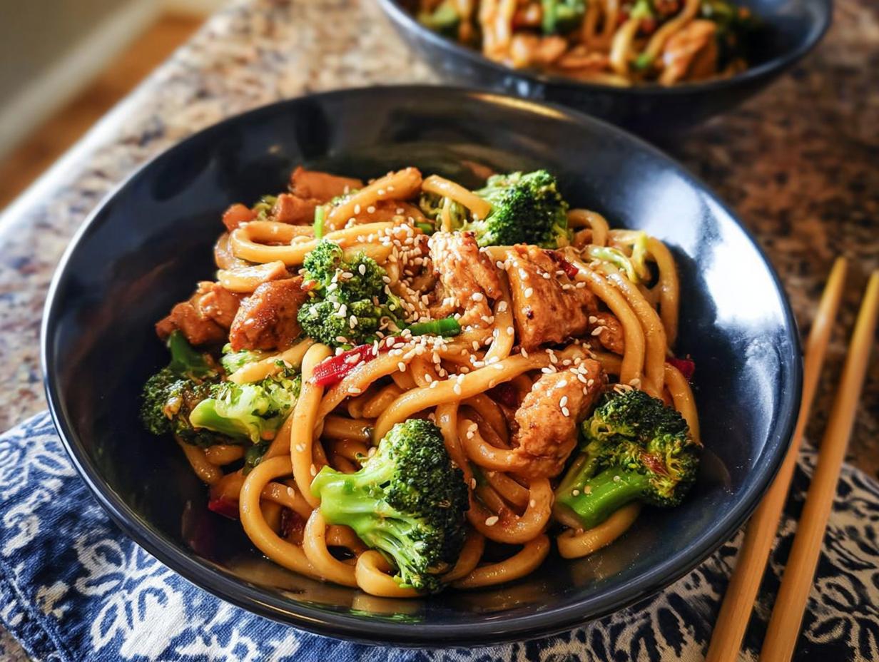 A close-up of a bowl of Spicy Garlic Chicken and Broccoli Noodle Bowls, featuring udon noodles, chicken, and broccoli.
