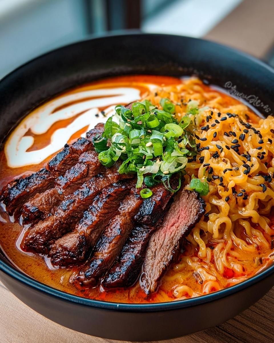 A bowl of Spicy Korean Ramen with perfectly grilled beef slices, creamy sauce, and green onions.