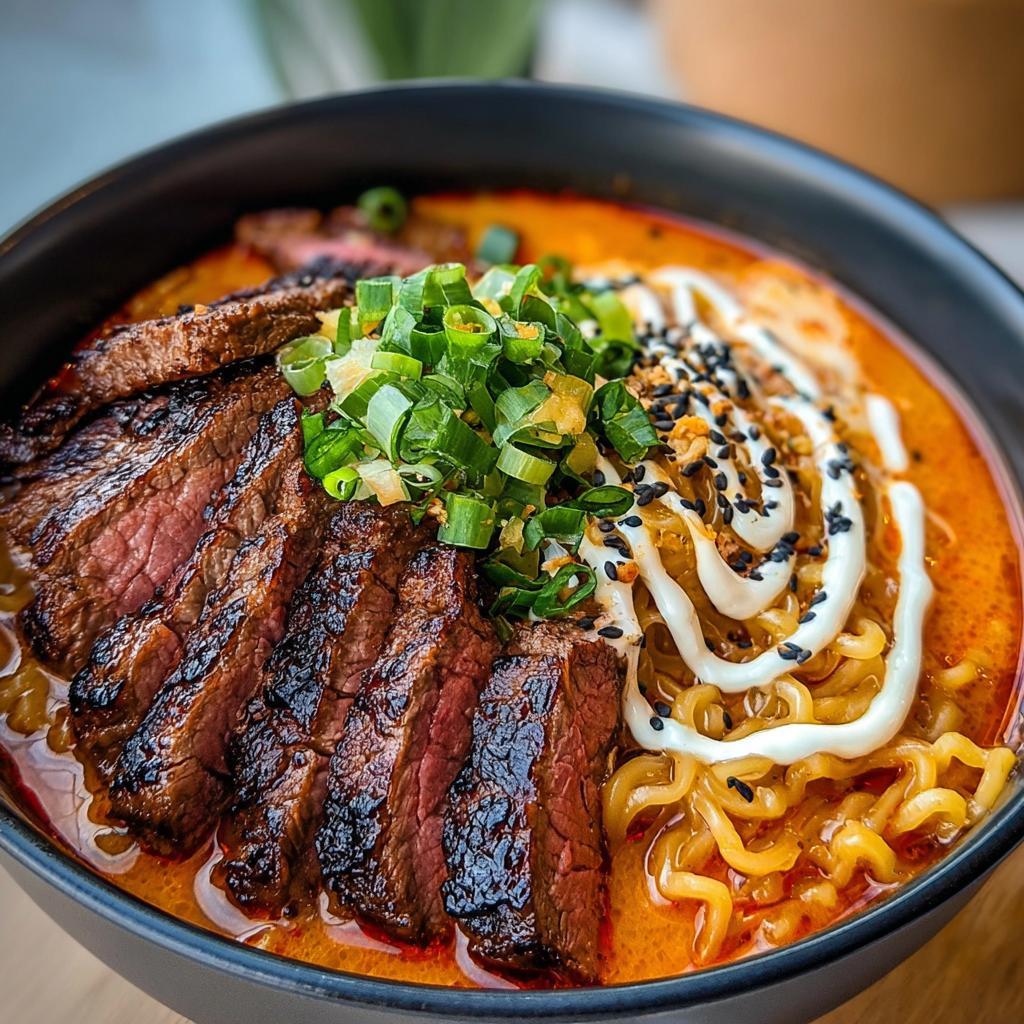 A bowl of spicy Korean ramen topped with sliced grilled beef, creamy sauce, and green onions.