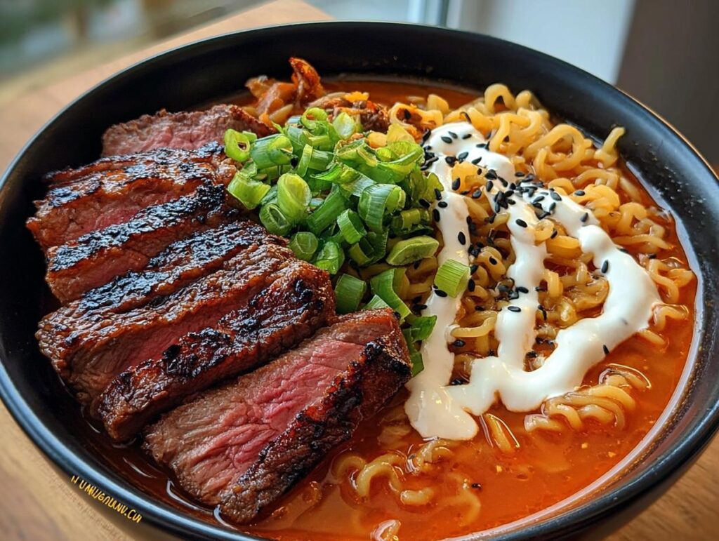 A bowl of Spicy Korean Ramen with perfectly grilled beef slices, creamy sauce, green onions, and black sesame seeds.