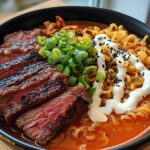 A bowl of Spicy Korean Ramen with perfectly grilled beef slices, creamy sauce, green onions, and black sesame seeds.