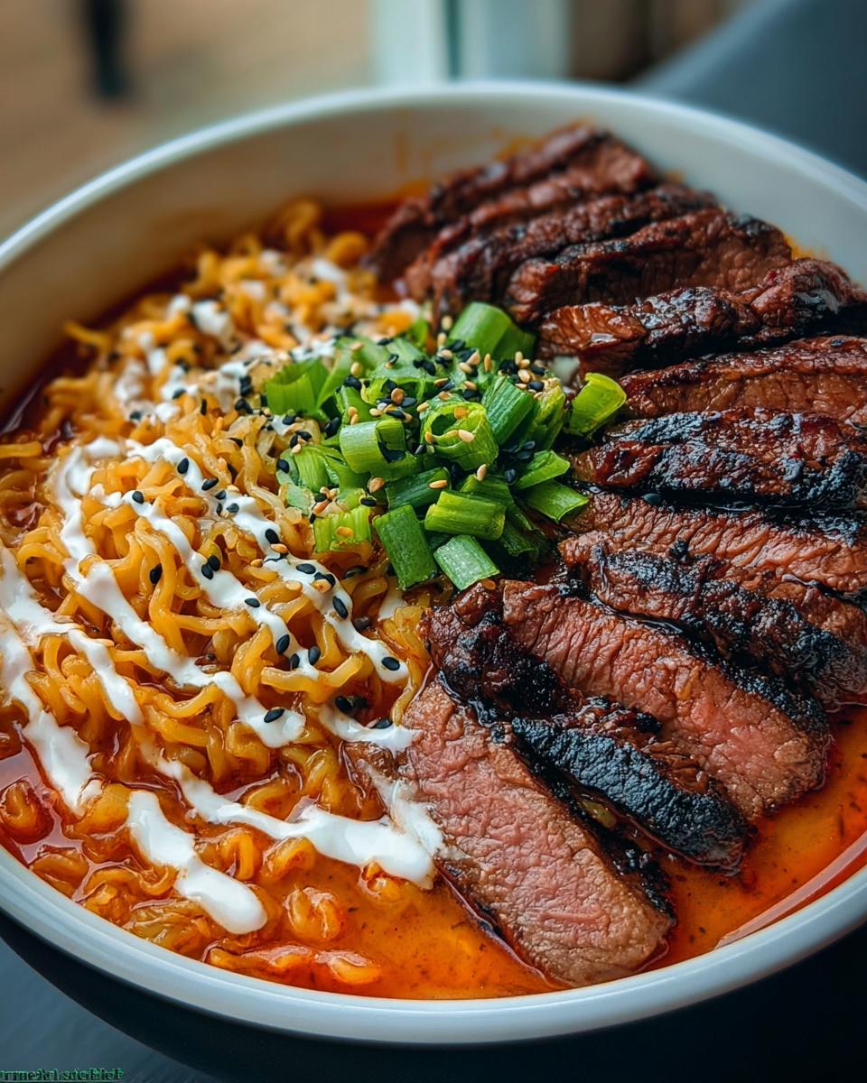 Close-up of Spicy Korean Ramen with perfectly grilled beef slices, creamy sauce drizzle, and chopped green onions.