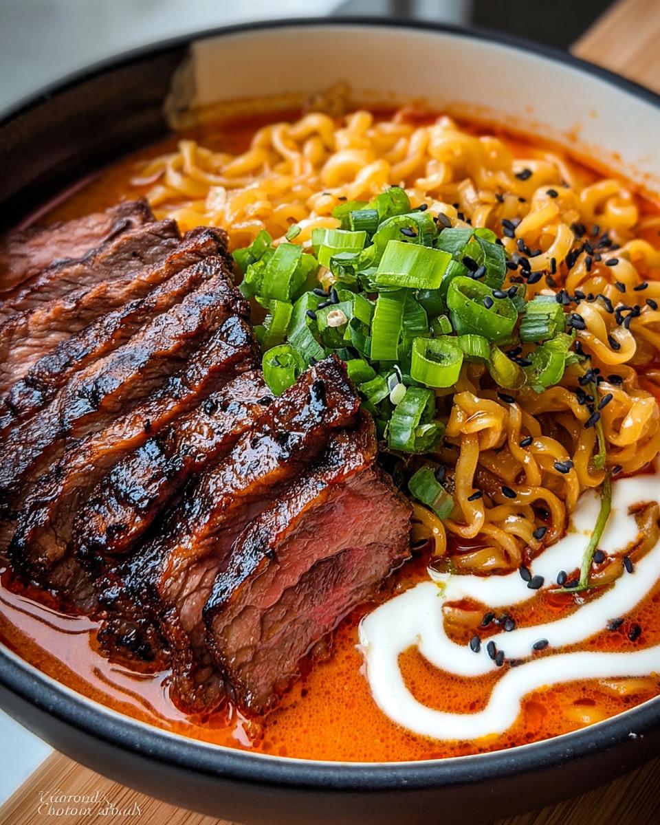 A close-up of a bowl of Spicy Korean Ramen featuring tender grilled beef slices, spring onions, and a swirl of creamy sauce.