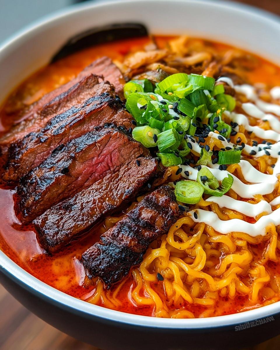 A close-up of Spicy Korean Ramen with perfectly grilled beef slices, creamy sauce, and green onions.