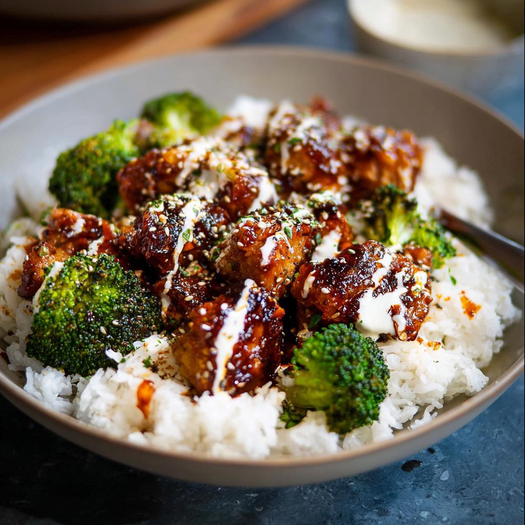 A close-up of a bowl of Sticky Chicken Bowls, featuring glazed chicken pieces, fluffy white rice, and vibrant broccoli florets, drizzled with a creamy sauce and sesame seeds.