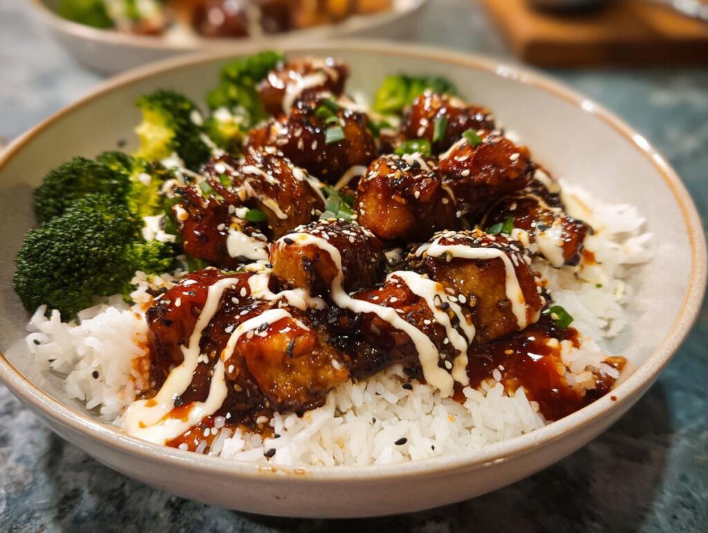 A close-up of a bowl filled with white rice, topped with glazed sticky chicken pieces and steamed broccoli florets, drizzled with sauce and sesame seeds.
