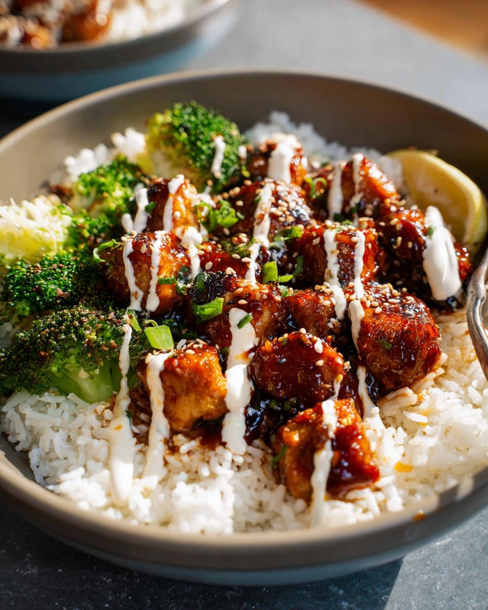 A close-up of a bowl filled with white rice, topped with glazed sticky chicken pieces, steamed broccoli, and a drizzle of white sauce.