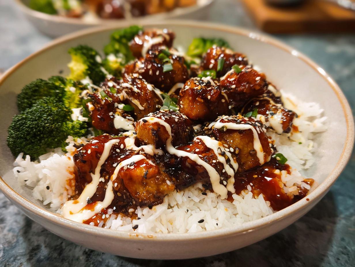 A close-up of a bowl filled with white rice, topped with glazed sticky chicken pieces and steamed broccoli florets, drizzled with sauce and sesame seeds.