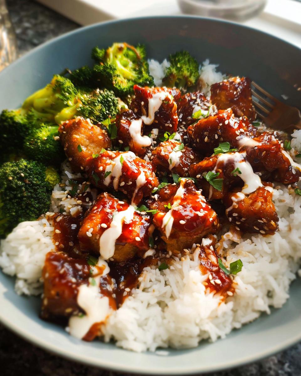 A close-up of a bowl filled with fluffy white rice, topped with glazed sticky chicken pieces and steamed broccoli florets.