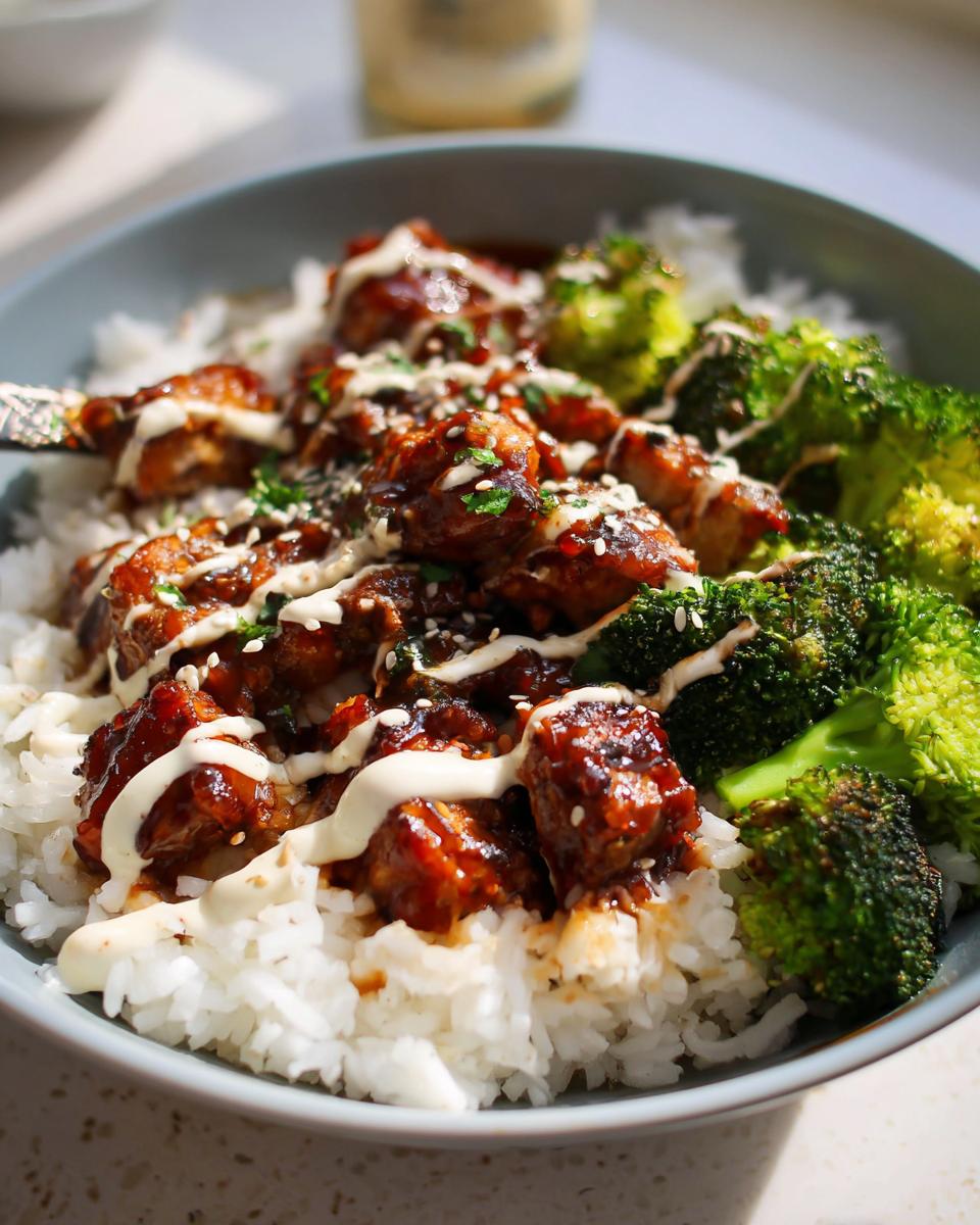 A close-up of delicious Sticky Chicken Bowls featuring tender chicken pieces, fluffy white rice, vibrant broccoli florets, and a drizzle of creamy sauce.