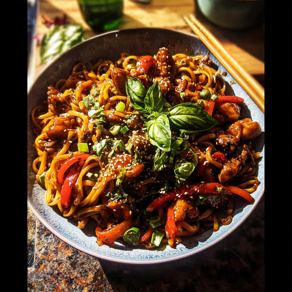 A bowl of Sticky Garlic Chicken Noodles with tender chicken pieces, red bell peppers, and fresh basil, topped with sesame seeds.