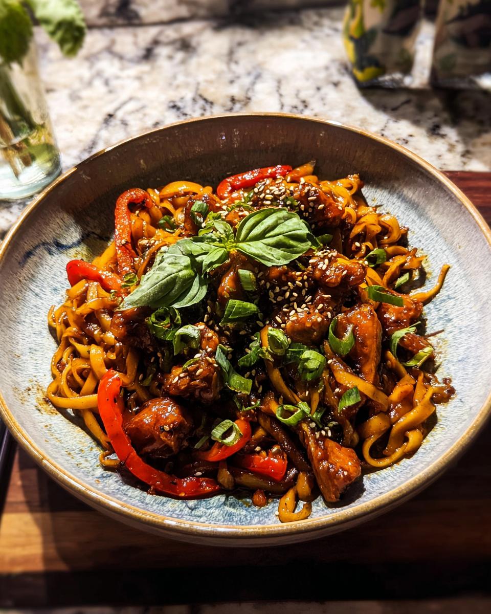 A close-up of a bowl of Sticky Garlic Chicken Noodles with red bell peppers, green onions, and sesame seeds.