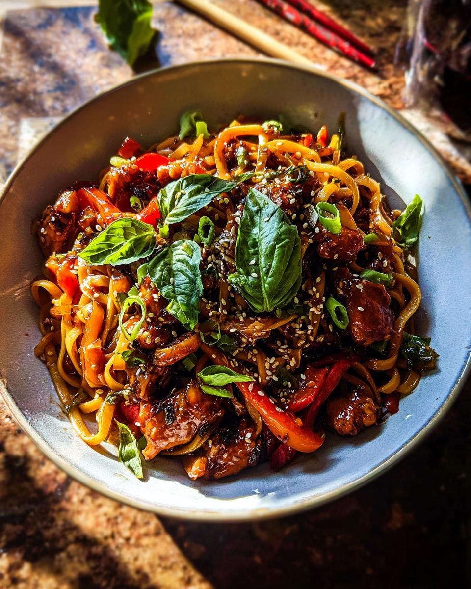 A close-up of a bowl of Sticky Garlic Chicken Noodles with fresh basil and sesame seeds.