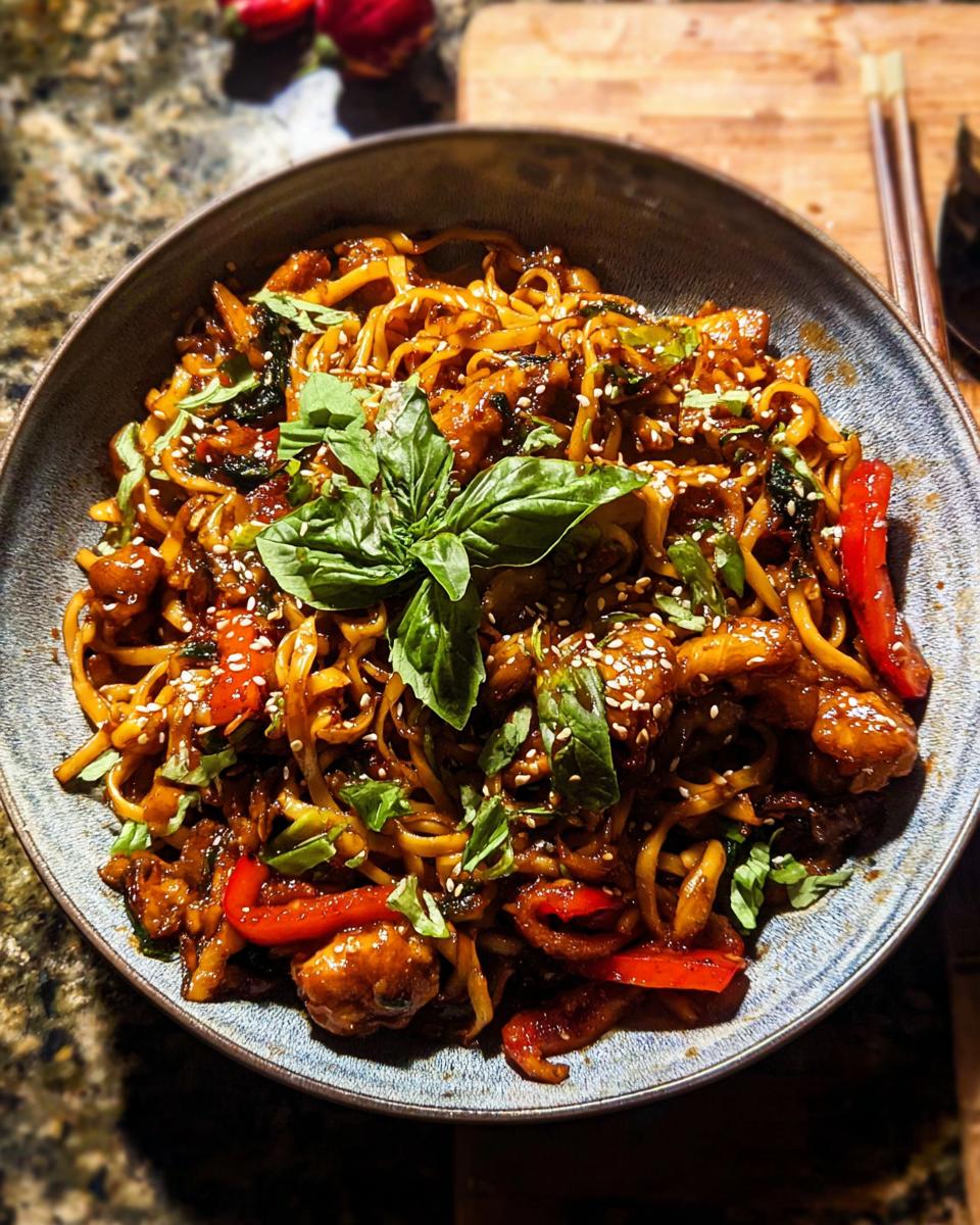 A close-up overhead shot of a bowl filled with Sticky Garlic Chicken Noodles, garnished with fresh basil and sesame seeds.