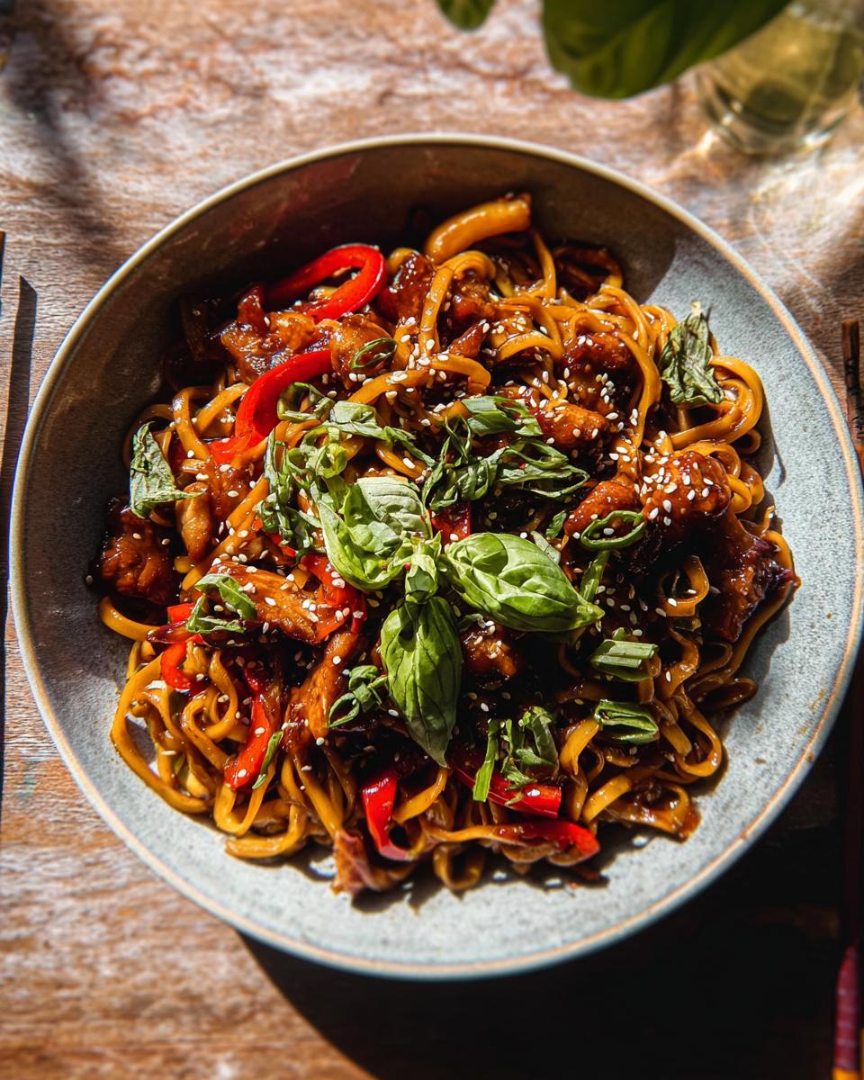 A bowl of Sticky Garlic Chicken Noodles with sliced red peppers, green onions, and sesame seeds.