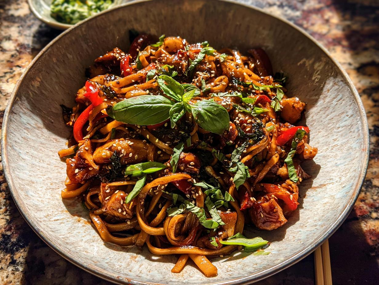 A close-up of a bowl filled with delicious Sticky Garlic Chicken Noodles, garnished with fresh herbs and sesame seeds.