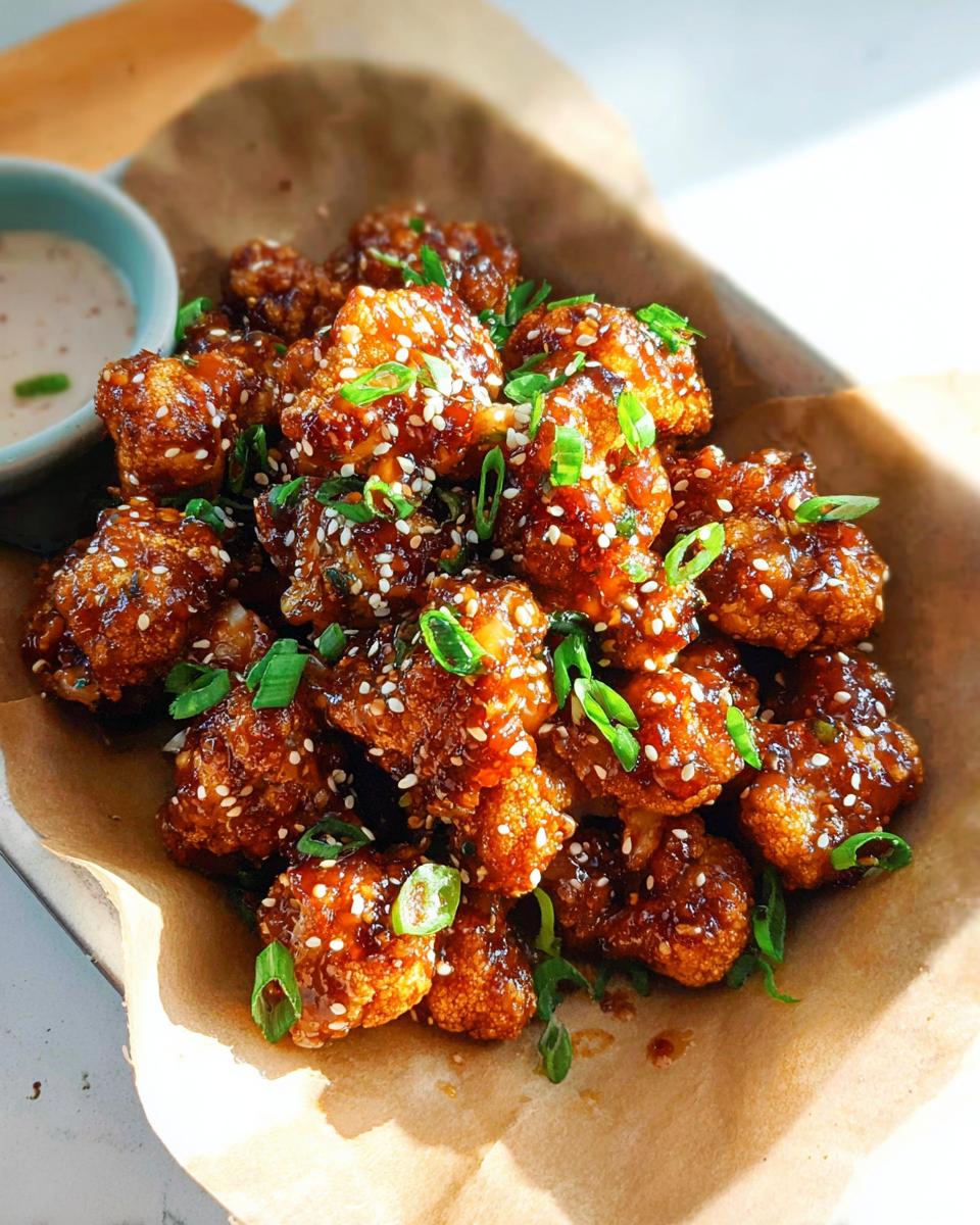 Close-up of Irresistible Sticky Honey Garlic Cauliflower Recipe bites, garnished with sesame seeds and green onions.