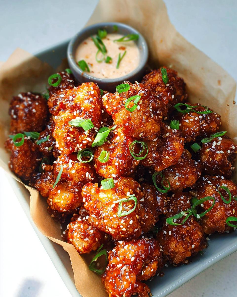 Close-up of Irresistible Sticky Honey Garlic Cauliflower Recipe bites, coated in sauce and sprinkled with sesame seeds and green onions.