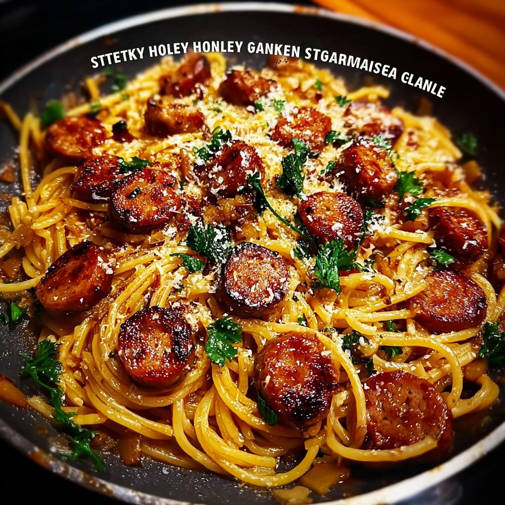 A close-up of a skillet filled with Sticky Honey Garlic Sausage Pasta, topped with fresh parsley and grated cheese.