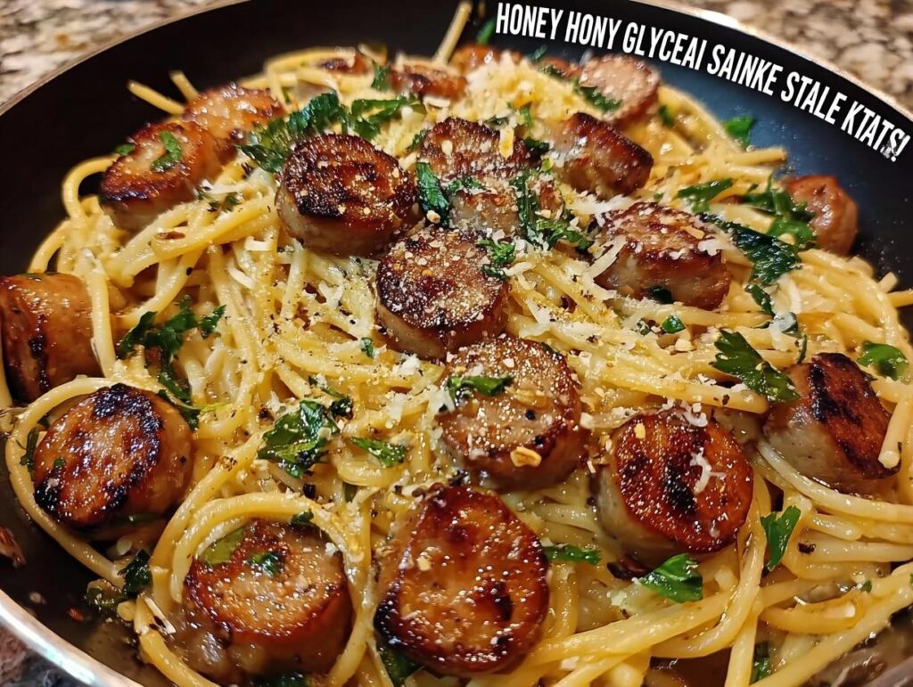 Close-up of a skillet filled with Sticky Honey Garlic Sausage Pasta, garnished with parsley and cheese.