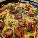 Close-up of a skillet filled with Sticky Honey Garlic Sausage Pasta, garnished with parsley and cheese.
