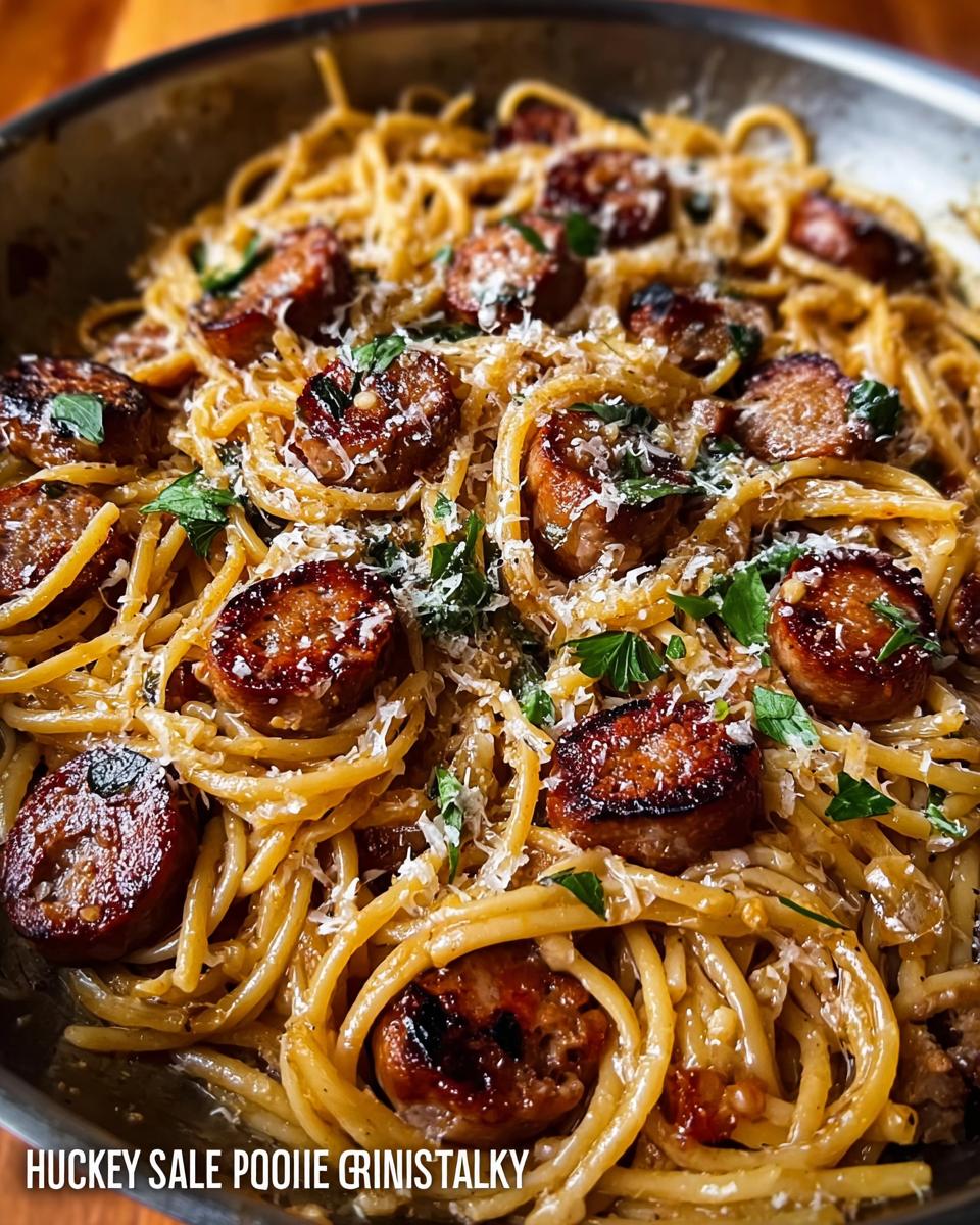 Close-up of a skillet filled with Sticky Honey Garlic Sausage Pasta, topped with grated cheese and parsley.