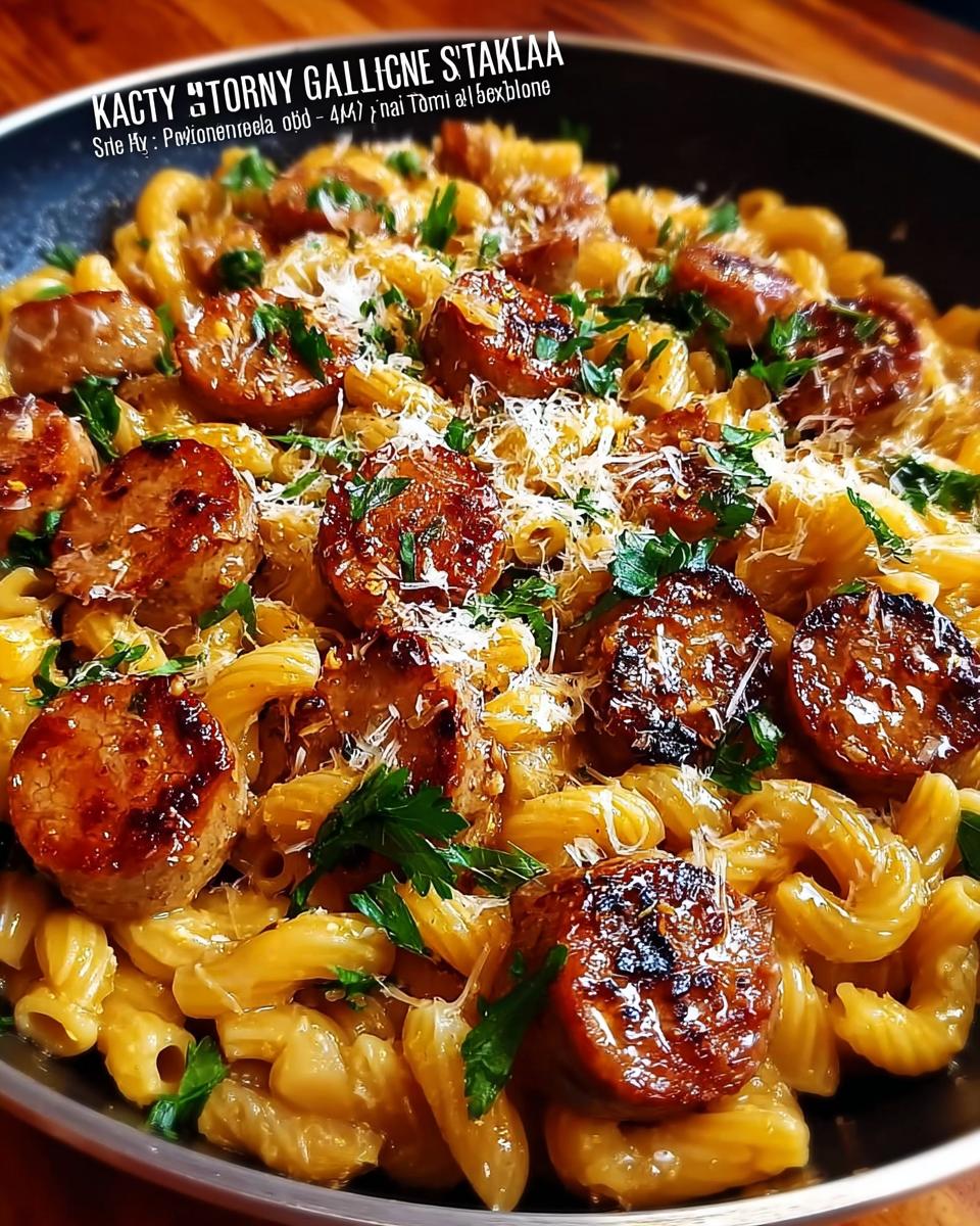 A close-up of a skillet filled with Sticky Honey Garlic Sausage Pasta, topped with parsley and grated cheese.