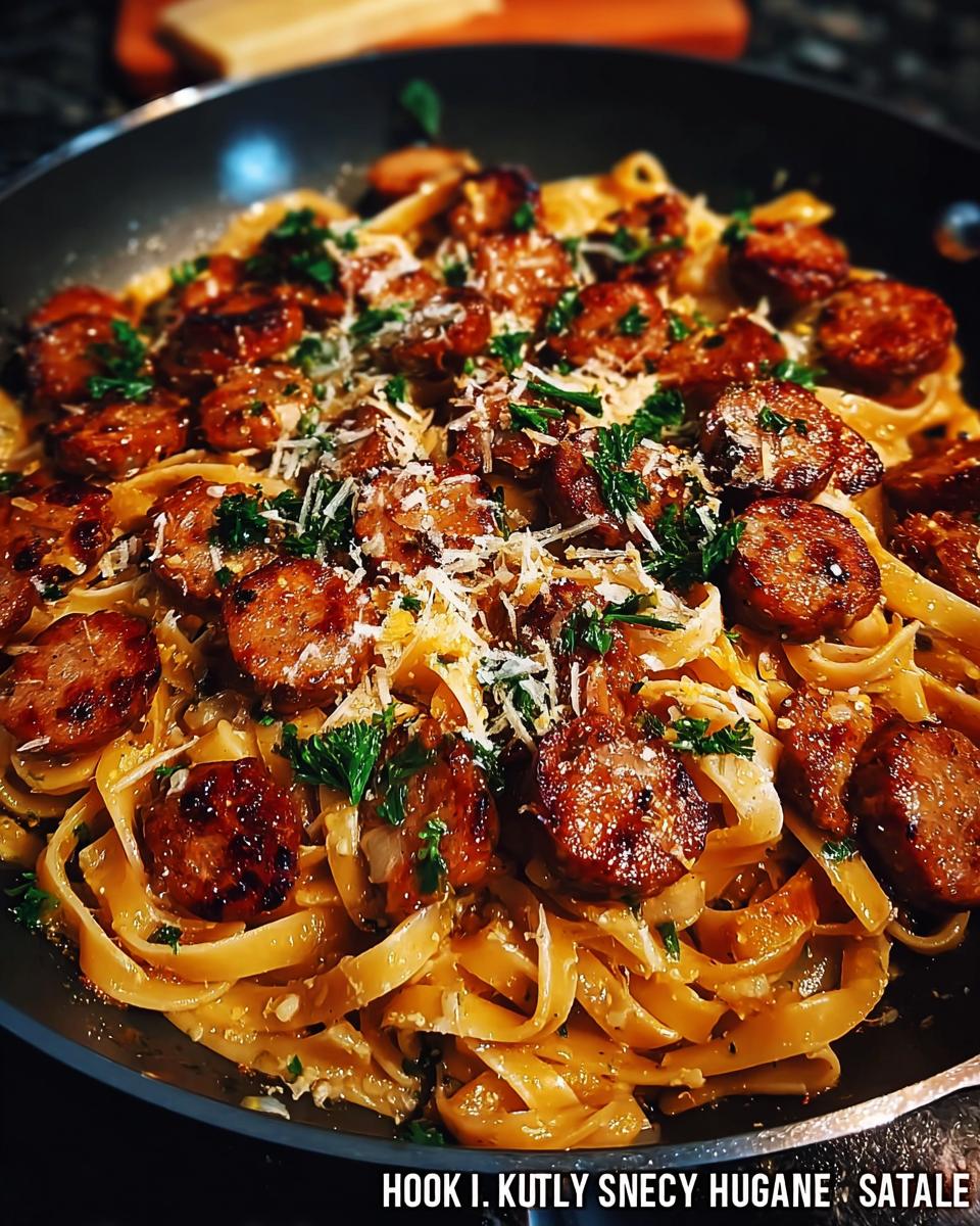 A close-up of a skillet filled with fettuccine pasta, sliced sausage, and garnished with parsley and parmesan cheese.