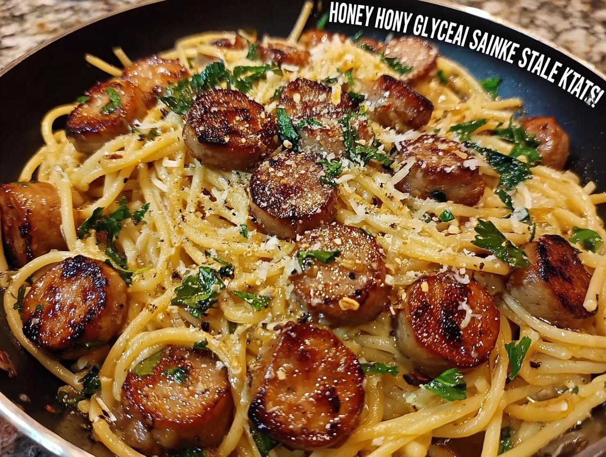 Close-up of a skillet filled with Sticky Honey Garlic Sausage Pasta, garnished with parsley and cheese.