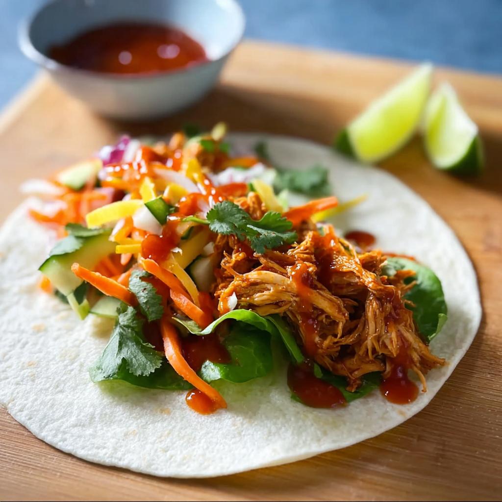 A close-up of a Sweet Chili Chicken Wrap filled with shredded chicken, fresh vegetables, and drizzled with sauce.