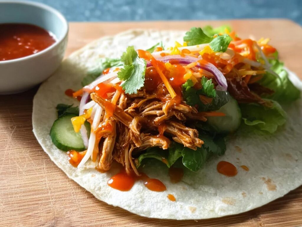 A delicious Sweet Chili Chicken Wrap filled with shredded chicken, lettuce, cucumber, red onion, and drizzled with sweet chili sauce.