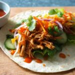 A delicious Sweet Chili Chicken Wrap filled with shredded chicken, lettuce, cucumber, red onion, and drizzled with sweet chili sauce.