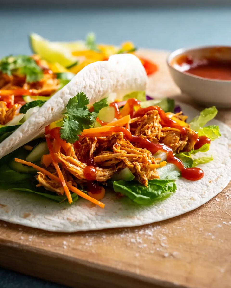 Close-up of a Sweet Chili Chicken Wrap filled with shredded chicken, lettuce, cucumber, carrots, and drizzled with sweet chili sauce.