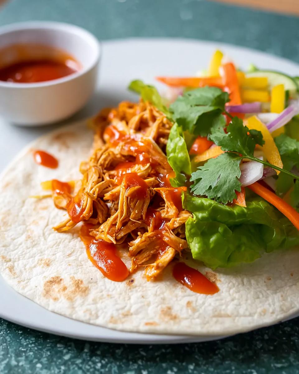 A close-up of a sweet chili chicken wrap filled with shredded chicken and fresh vegetables, drizzled with sweet chili sauce.