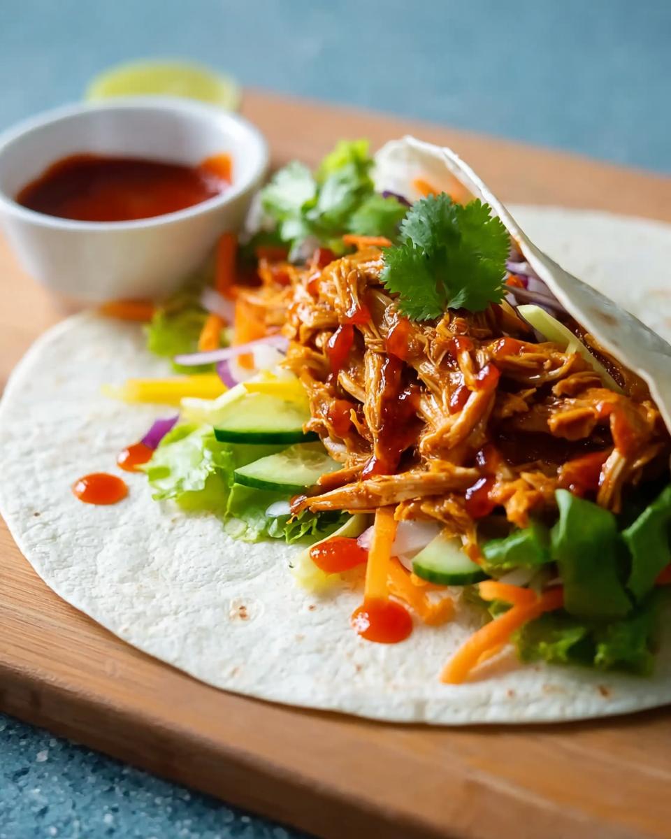 A close-up of a Sweet Chili Chicken Wrap filled with shredded chicken, lettuce, cucumber, carrots, and drizzled with sauce.