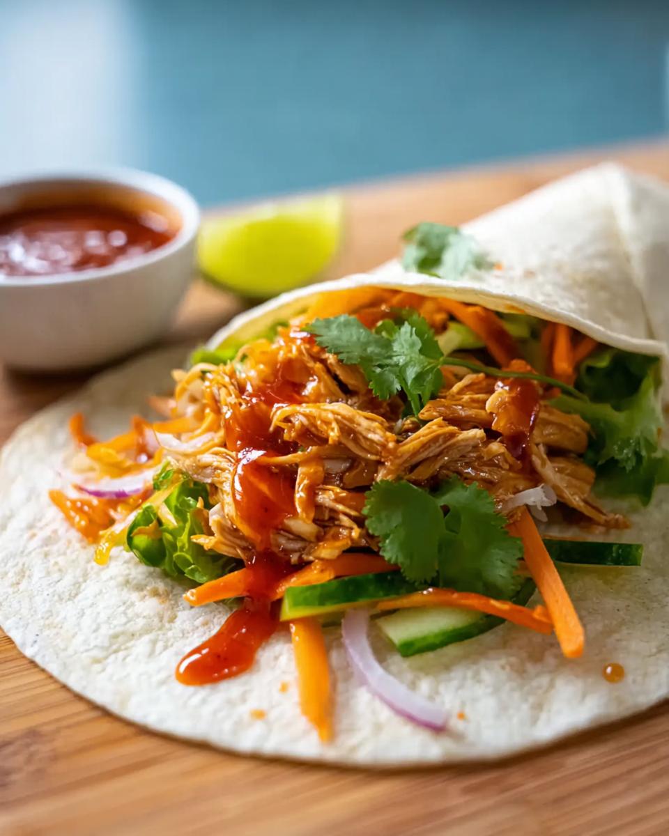 A close-up of a Sweet Chili Chicken Wrap filled with shredded chicken, lettuce, carrots, cucumber, and red onion, drizzled with sauce.