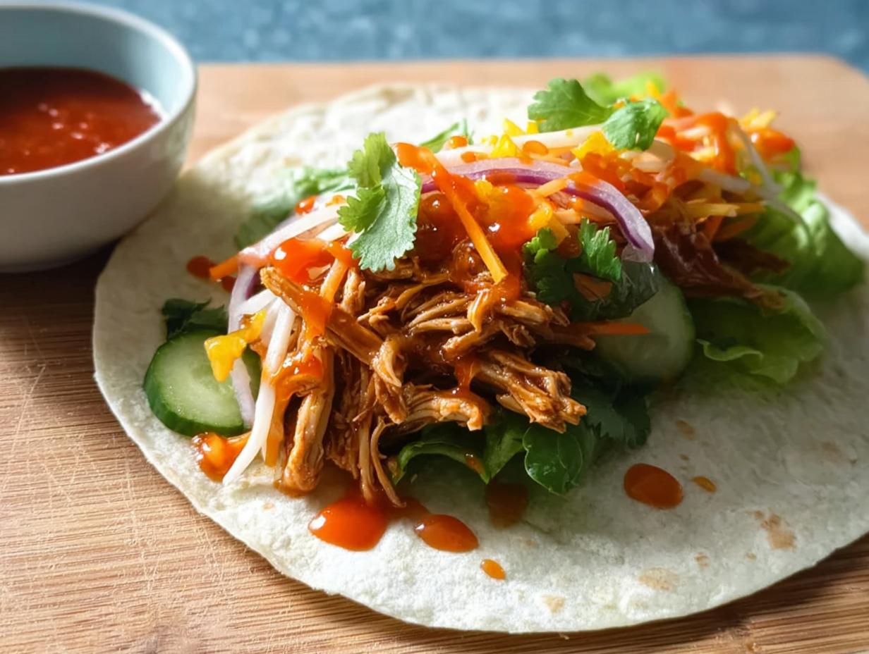 A delicious Sweet Chili Chicken Wrap filled with shredded chicken, lettuce, cucumber, red onion, and drizzled with sweet chili sauce.