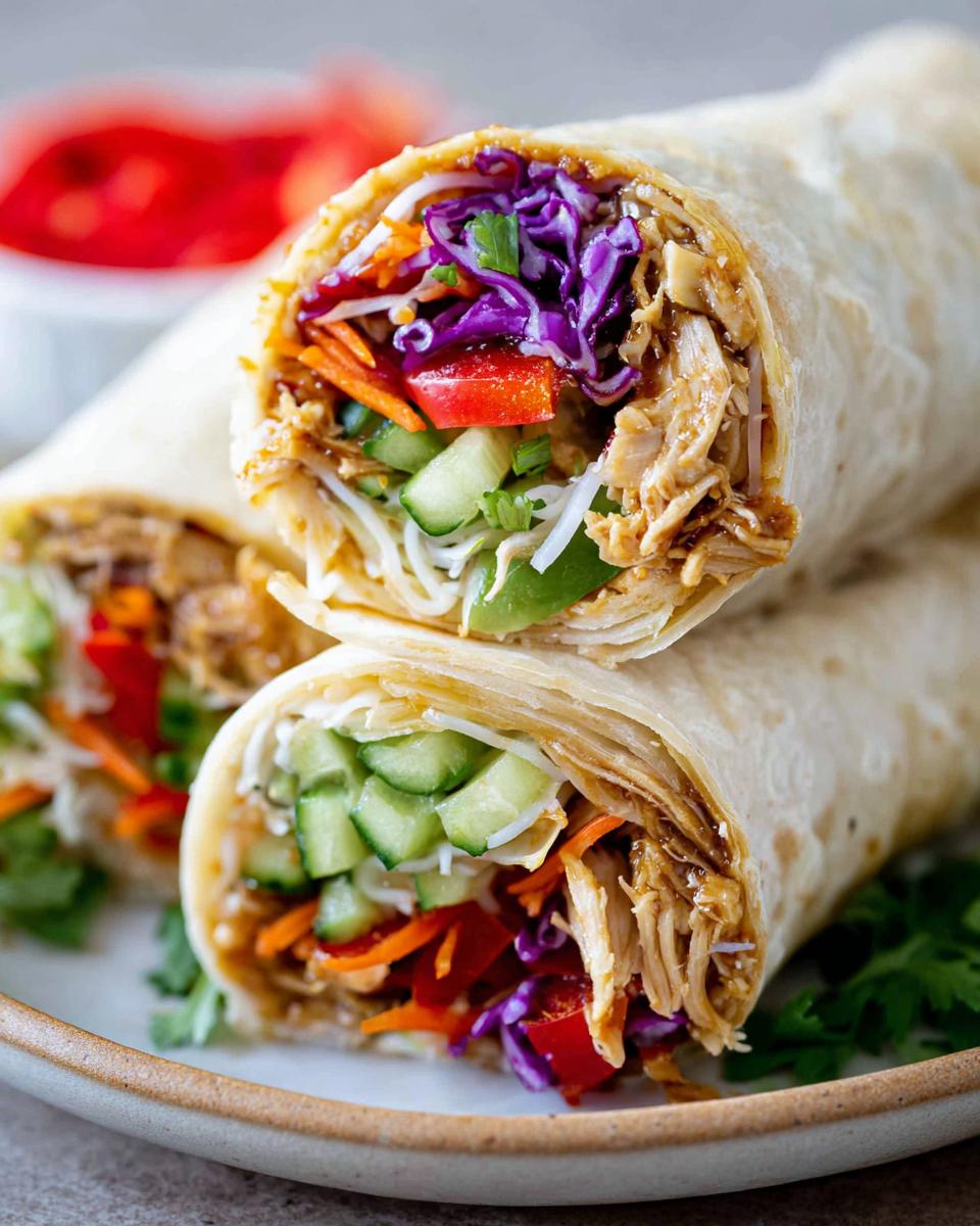 Two teriyaki chicken wraps filled with shredded chicken, colorful vegetables, and noodles, served on a plate.