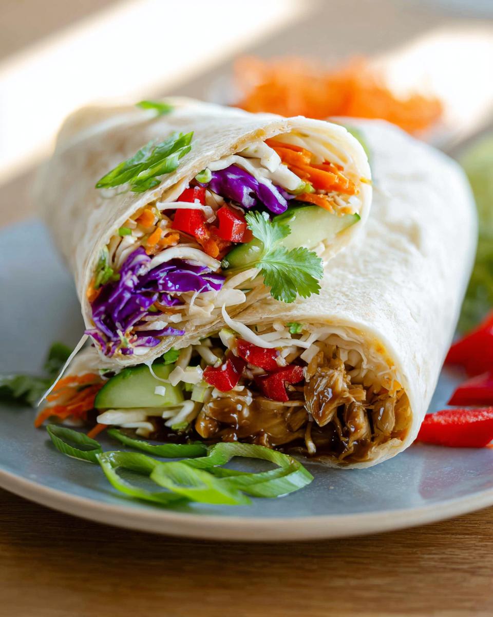 A close-up of a Teriyaki Chicken Wrap cut in half, revealing shredded chicken and colorful vegetables.