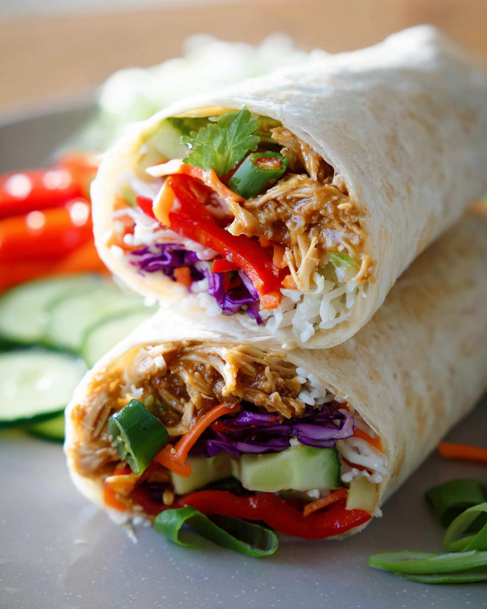 Close-up of a Teriyaki Chicken Wrap filled with shredded chicken, rice, and colorful vegetables.