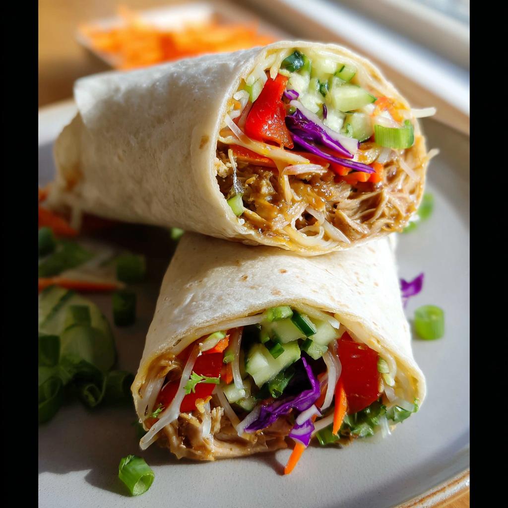 Two halves of a Teriyaki Chicken Wrap filled with shredded chicken, fresh vegetables like cucumber, red pepper, and purple cabbage.