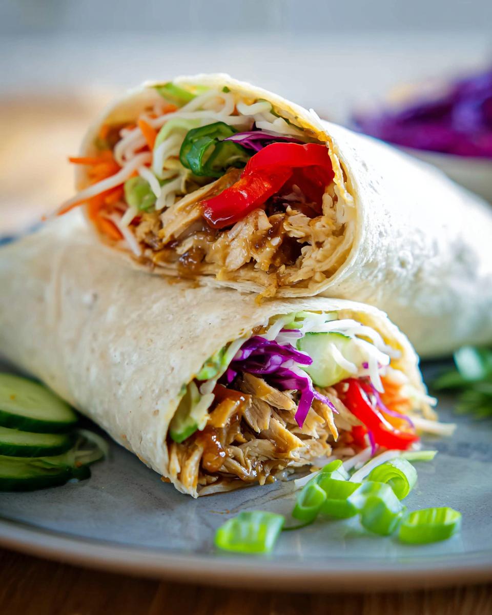 Two halves of a Teriyaki Chicken Wrap filled with shredded chicken, colorful vegetables, and sauce.
