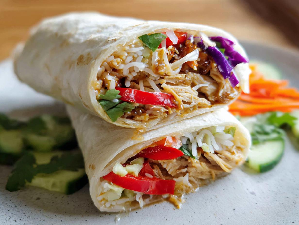 A close-up of a Teriyaki Chicken Wrap cut in half, revealing shredded chicken, rice, and colorful vegetables.