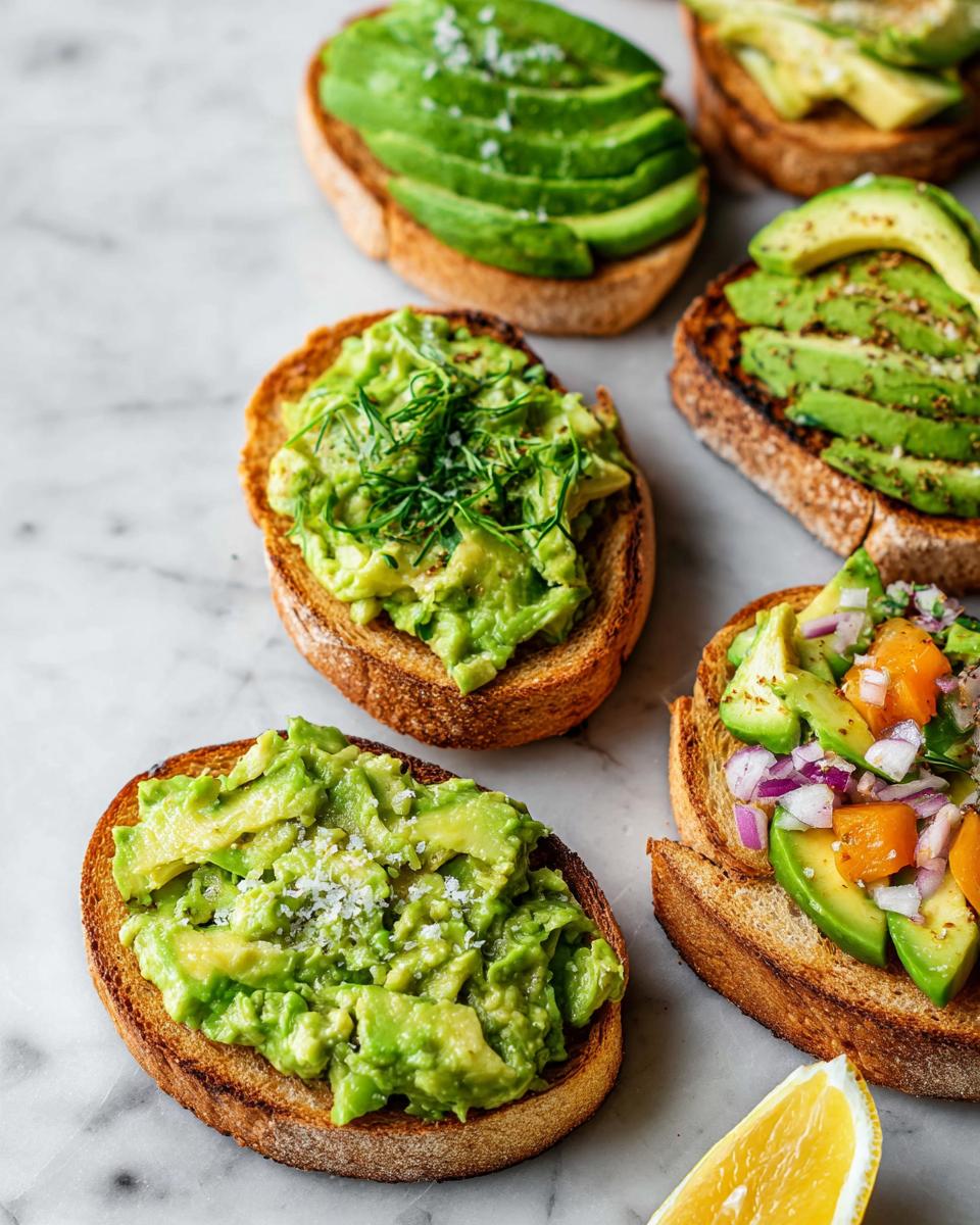 A variety of delicious avocado toast recipes on toasted bread, topped with sliced avocado, mashed avocado, and chopped vegetables.