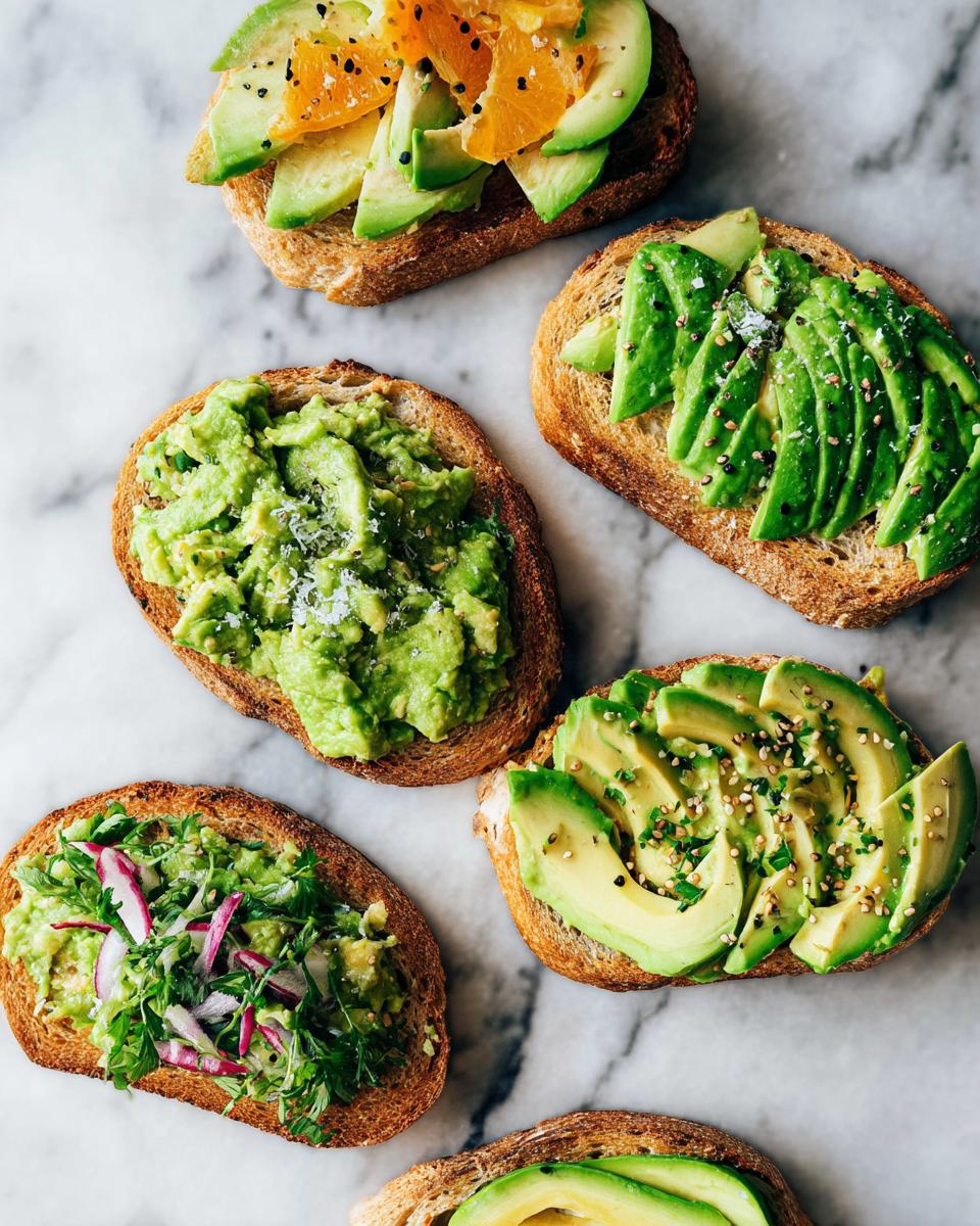 Five different avocado toast variations on toasted bread, showcasing sliced avocado, mashed avocado, and various toppings.