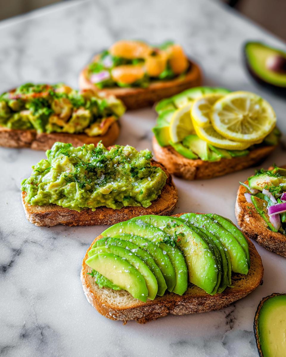 A variety of delicious avocado toast toppings including sliced avocado, mashed avocado, lemon, and red onion.